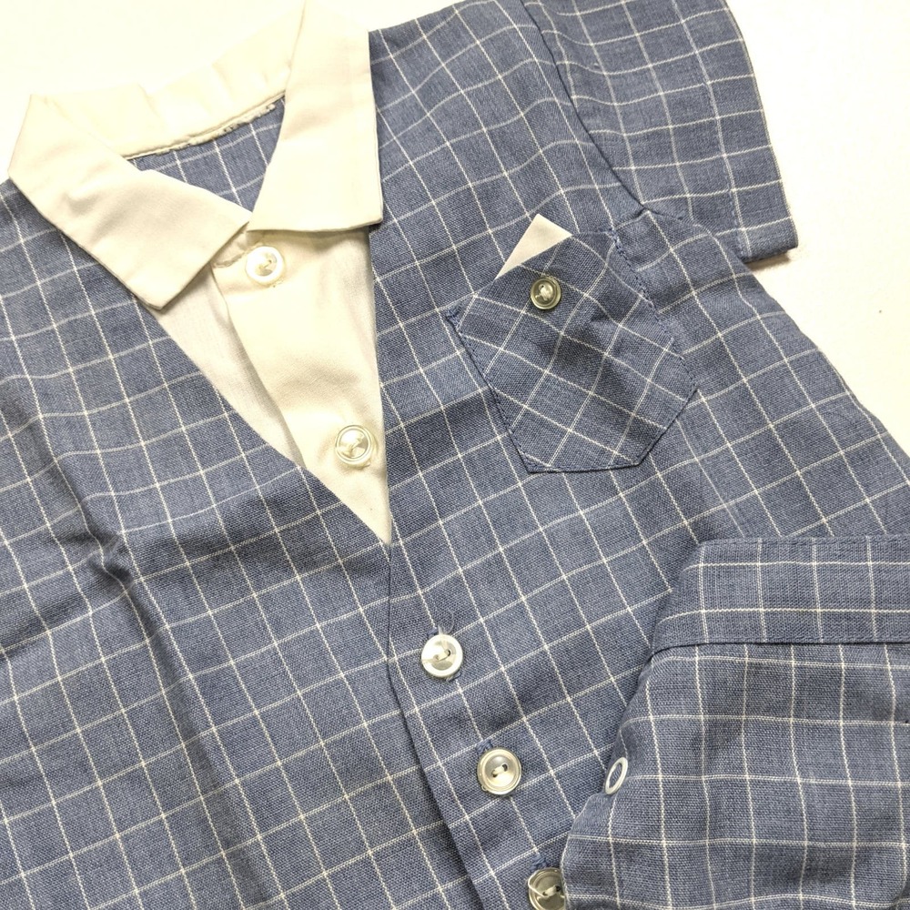 Vintage Outfit Baby Boys Sz 3-6m Muted Blue Windowpane Plaid Spring Easter - Picture 2 of 3